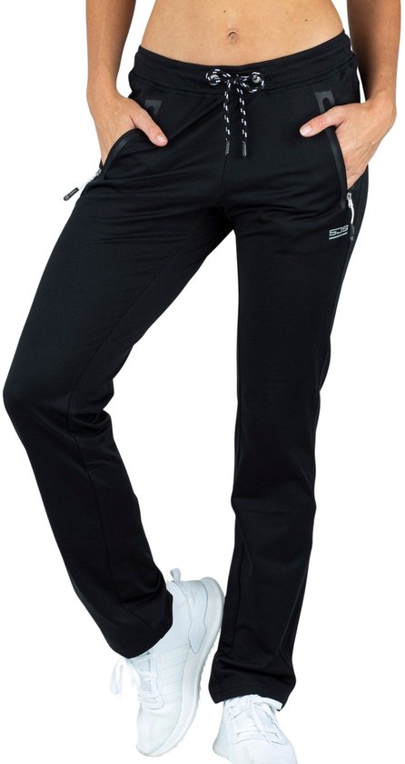 Dames trainingsbroek zwart met ritssluitingen, koord en logo.