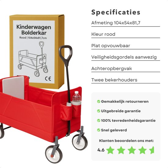 Cheqo® Opvouwbare Bolderkar - Bolderwagen - Rood - Opbergvak - Plat Opvouwbaar - Gemakkelijk Op Te Vouwen - 2 Bekerhouders - Transportkar - Eenvoudig Op Te Bergen - Strandkar van Cheqo — afbeelding 5