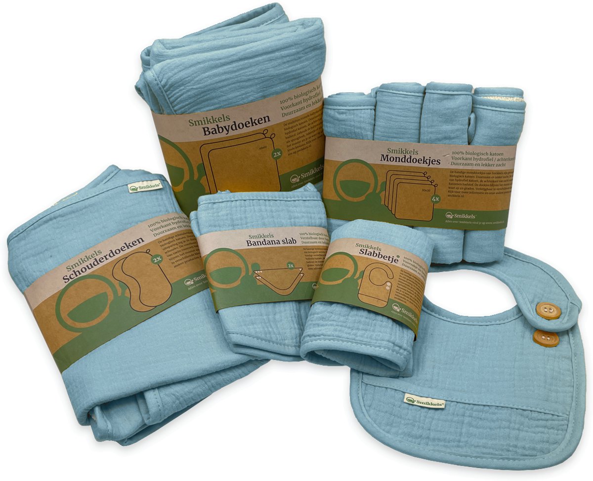 Smikkels babytextiel starterset blauw – compleet 12-delig – biologisch katoen – hydrofiel en badstof – ideaal voor babyuitzet of kraamcadeau