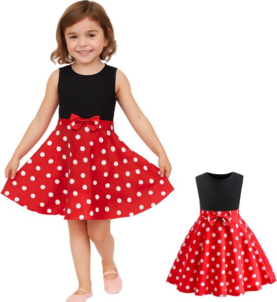 Joya Kids® Mini Stippen Prinsessenjurk meisje | Mouse Verkleedjurken meisjes | Mini jurk Zwart, Rood met Witte Stippen | Prinsessen Verkleedkleding | Carnaval Halloween Verkleedset Kinderen | Van 12 maanden tot 6 jaar | Maat 110