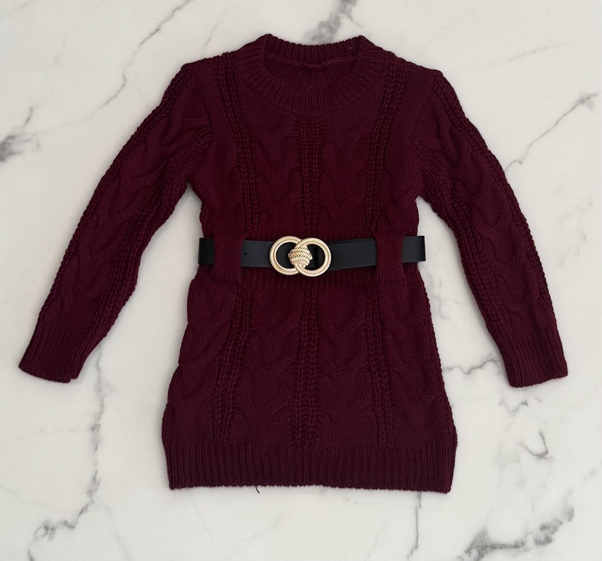Schattige Gebreide Baby & Peuter Jurkje "Bordeaux rood", verkrijgbaar in de maten 68 t/m 104