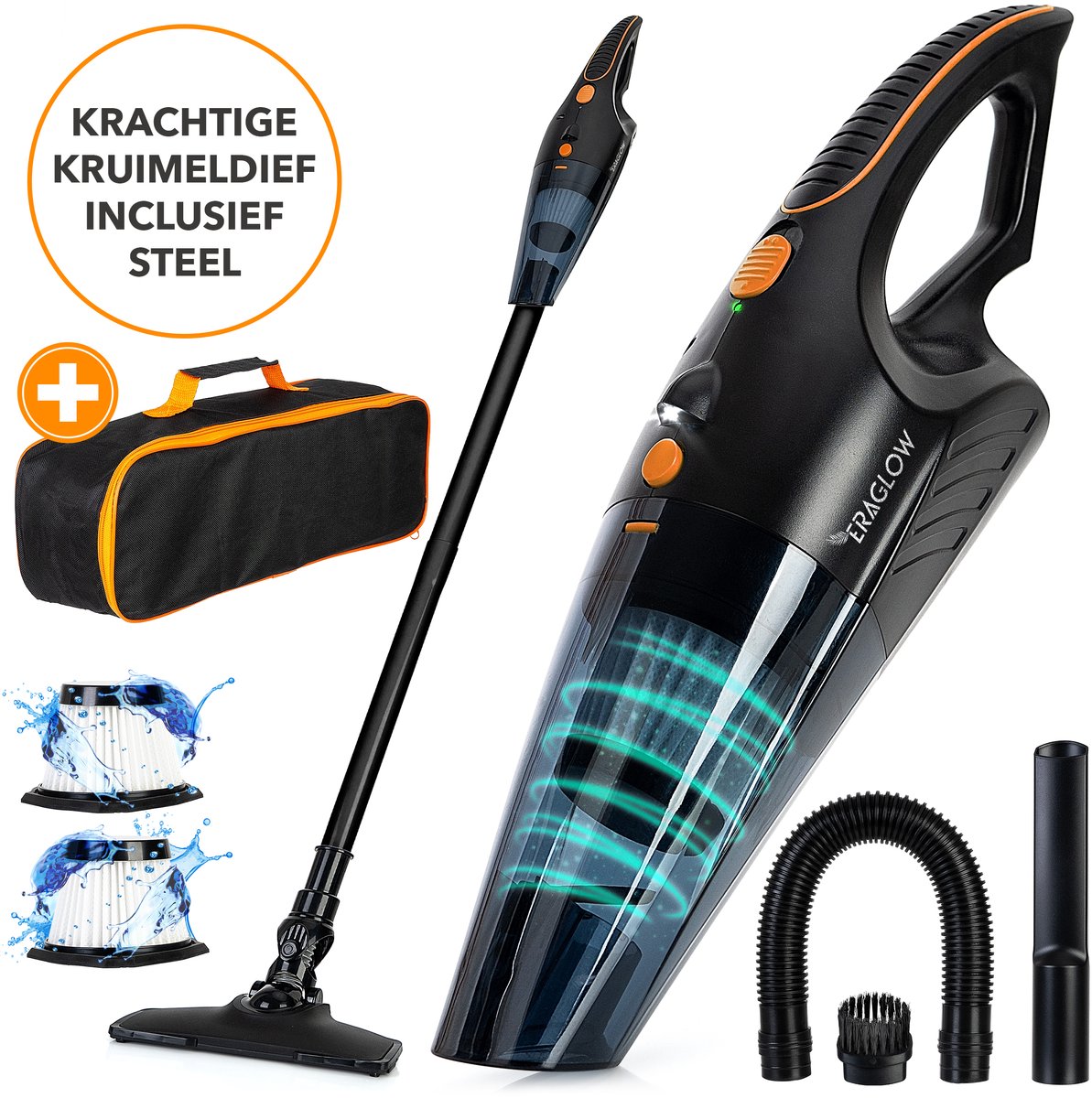 Eraglow® Kruimeldief met Steel Snoerloos Oranje-Zwart