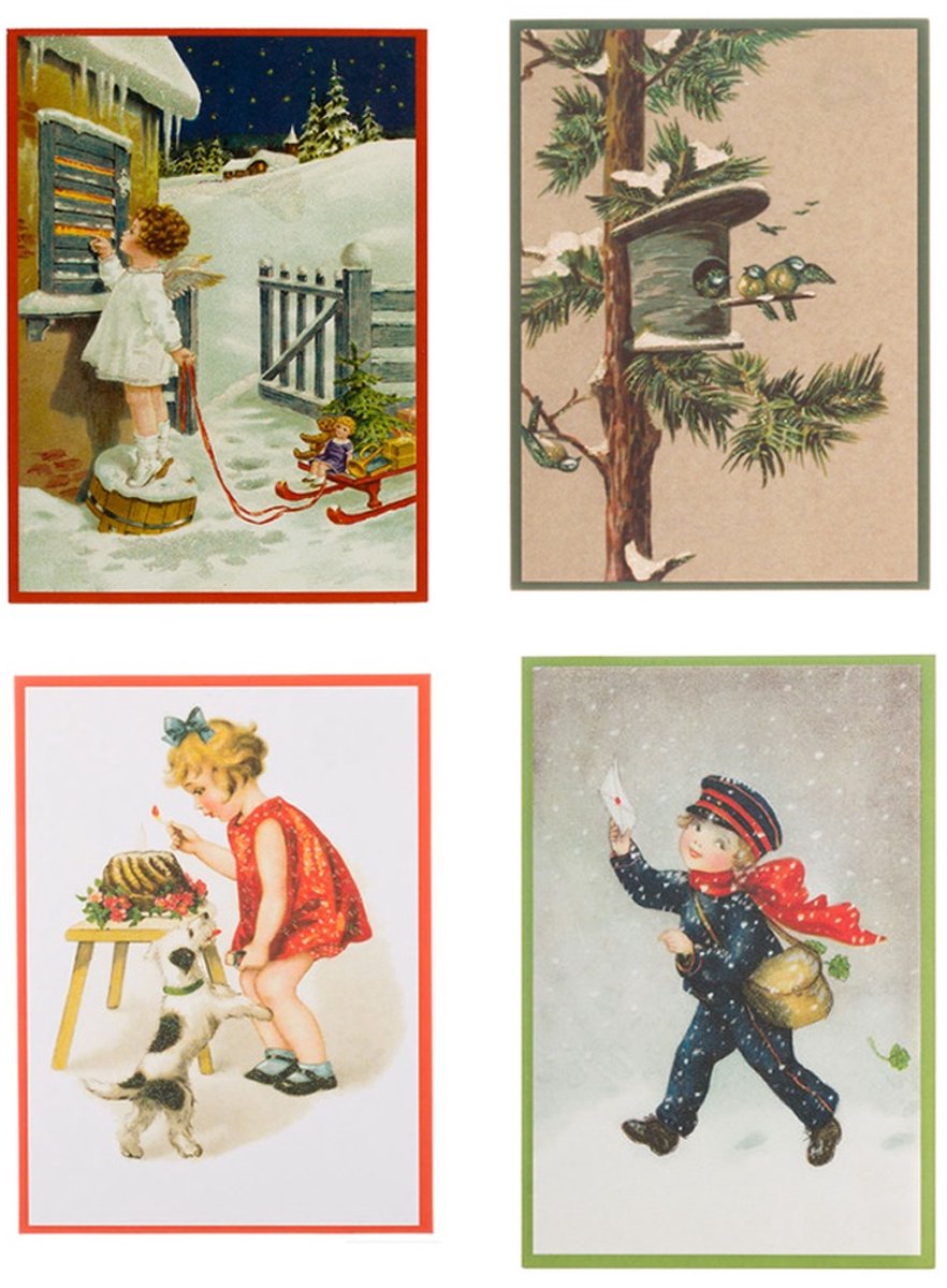 Nostalgische kerstkaarten - 4 stuks - Franz_Josef - Klassieke Vintage afbeeldingen - Winter - Sneeuw - Feestelijk - Jaarwisseling - Oude Brocante kerstkaarten 15X10,5 en 14X9