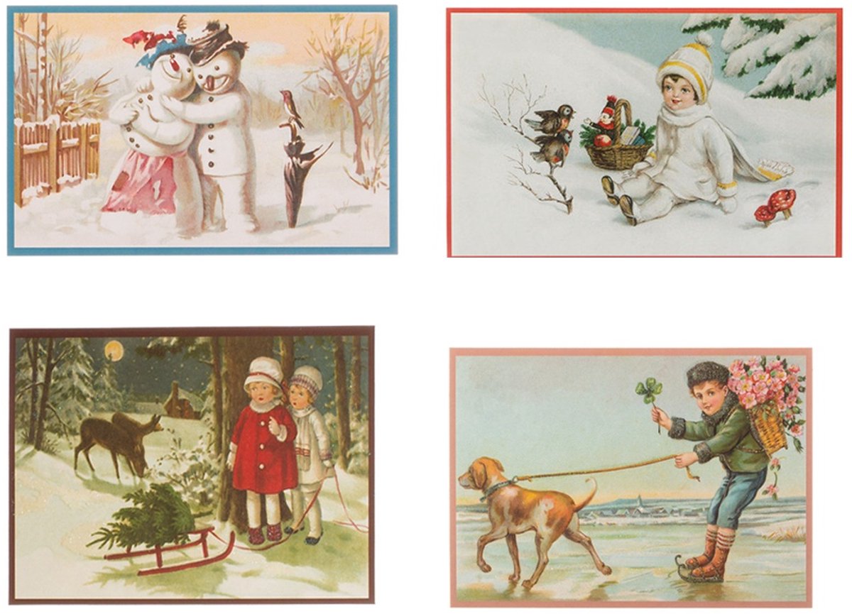 Nostalgische kerstkaarten - 4 stuks - Franz_Josef - Klassieke Vintage afbeeldingen - Winter - Sneeuw - Feestelijk - Jaarwisseling - Oude Brocante kerstkaarten 15X10,5 en 14X9