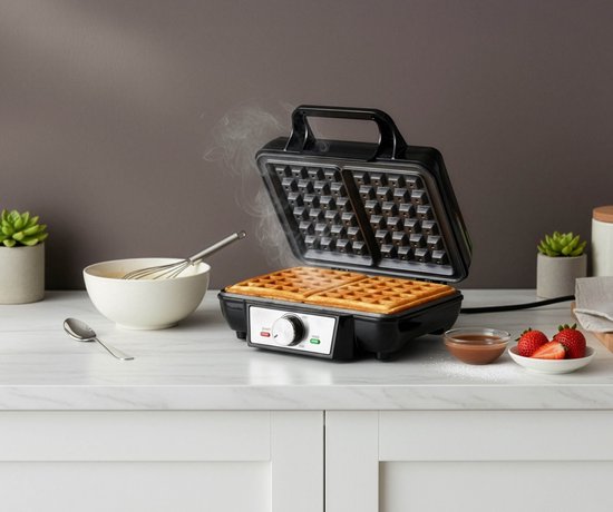 Een zwart wafelijzer met twee goudbruine wafels, stoom komt eraf. Naast het apparaat liggen aardbeien en chocoladesaus.