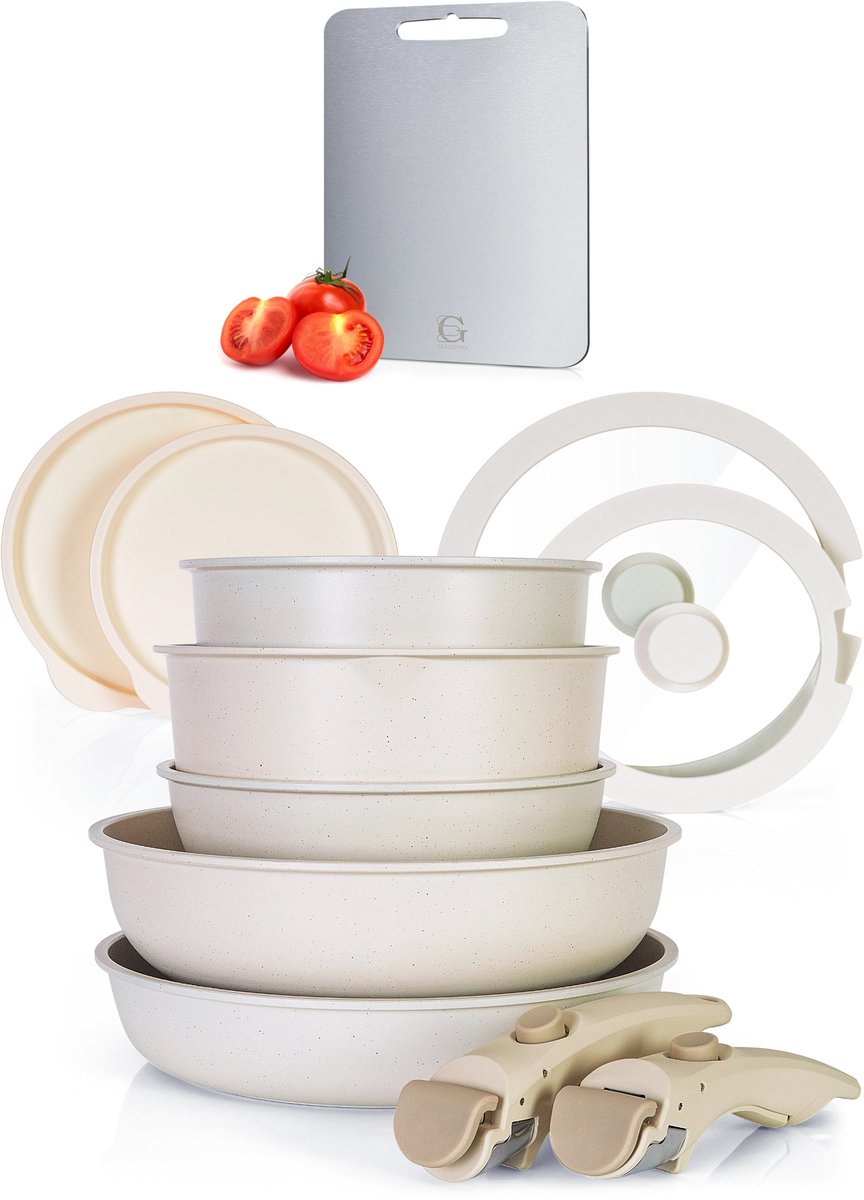 Glissimo Cookware - 16-delige Keramische Pannenset - Afneembare Handgreep - Non-stick - Pannenset -Geschikt voor alle warmtebronnen - PFAS vrij - BPA vrij -Anti Baklaag - Stapelbaar - RVS Snijplank