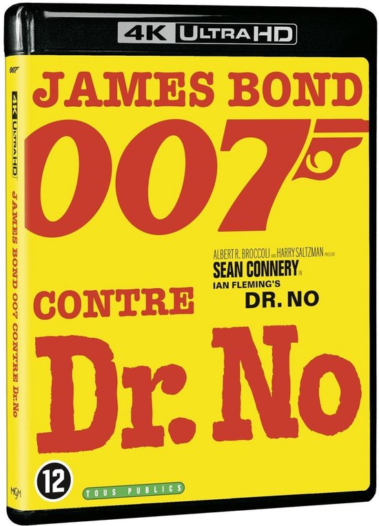 4K Ultra HD Blu-ray van James Bond 007 contra Dr. No, met rode tekst op een gele achtergrond. Met '12' leeftijdsclassificatie.