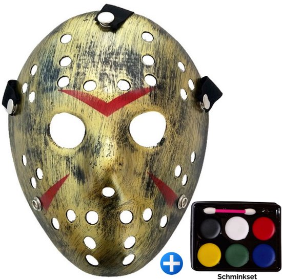 TECQX Jason Voorhees Hockey Masker - Halloween Masker - Inclusief Schminkset 6 kleuren - Horror Film Friday The 13th - Cosplay Masker - Verkleedmasker - Goud