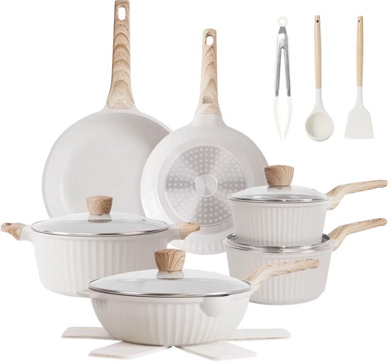 Batterie de cuisine en granit Maison Luméa® 17 pièces – Wit avec poignées en bois – Compatible induction, gaz, céramique et électrique – Style Japandi Luxe – Revêtement antiadhésif sans PFAS