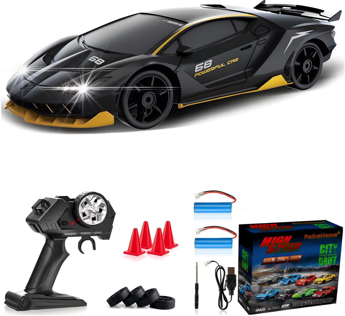 PolkaHome RC Drift Auto 1:24 – Afstandsbestuurbare RC Auto – 4WD – 2 Accu’s – 20 km/h — afbeelding 5