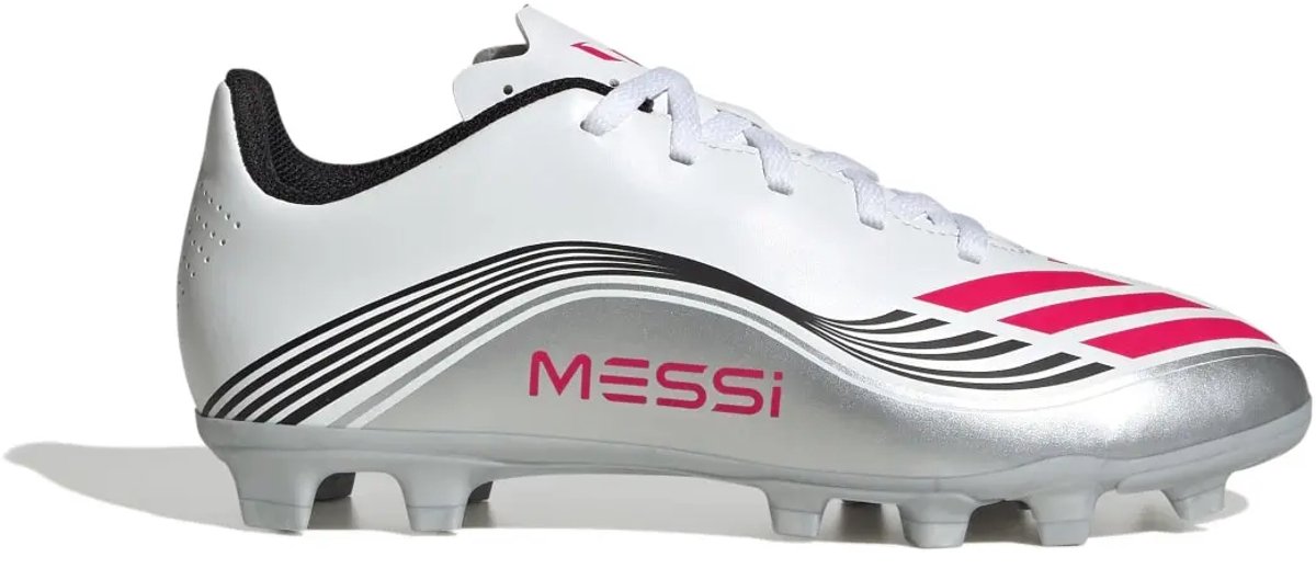 Witte Adidas F50 Messi voetbalschoenen voor kinderen, maat 29, met multiground noppen en smalle pasvorm.