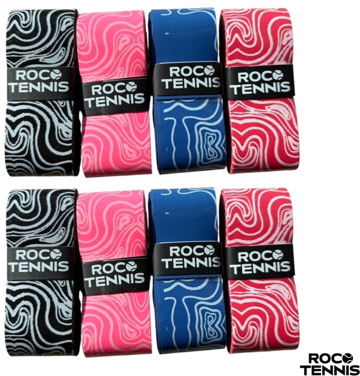 8 stuks | Roco Tennis Overgrips | Antislip | Dry | Zweetabsorberend | Uniek Patroon | Tennis | Padel | Badminton | Squash | Overgrip | Tennisgrips | Soft | Zacht | Multicolor