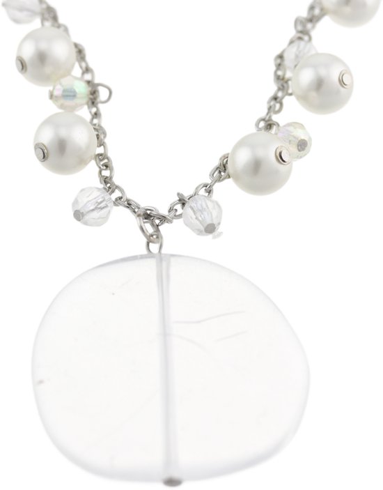 Collier Behave argenté avec perles, perles et pendentif rond transparent
