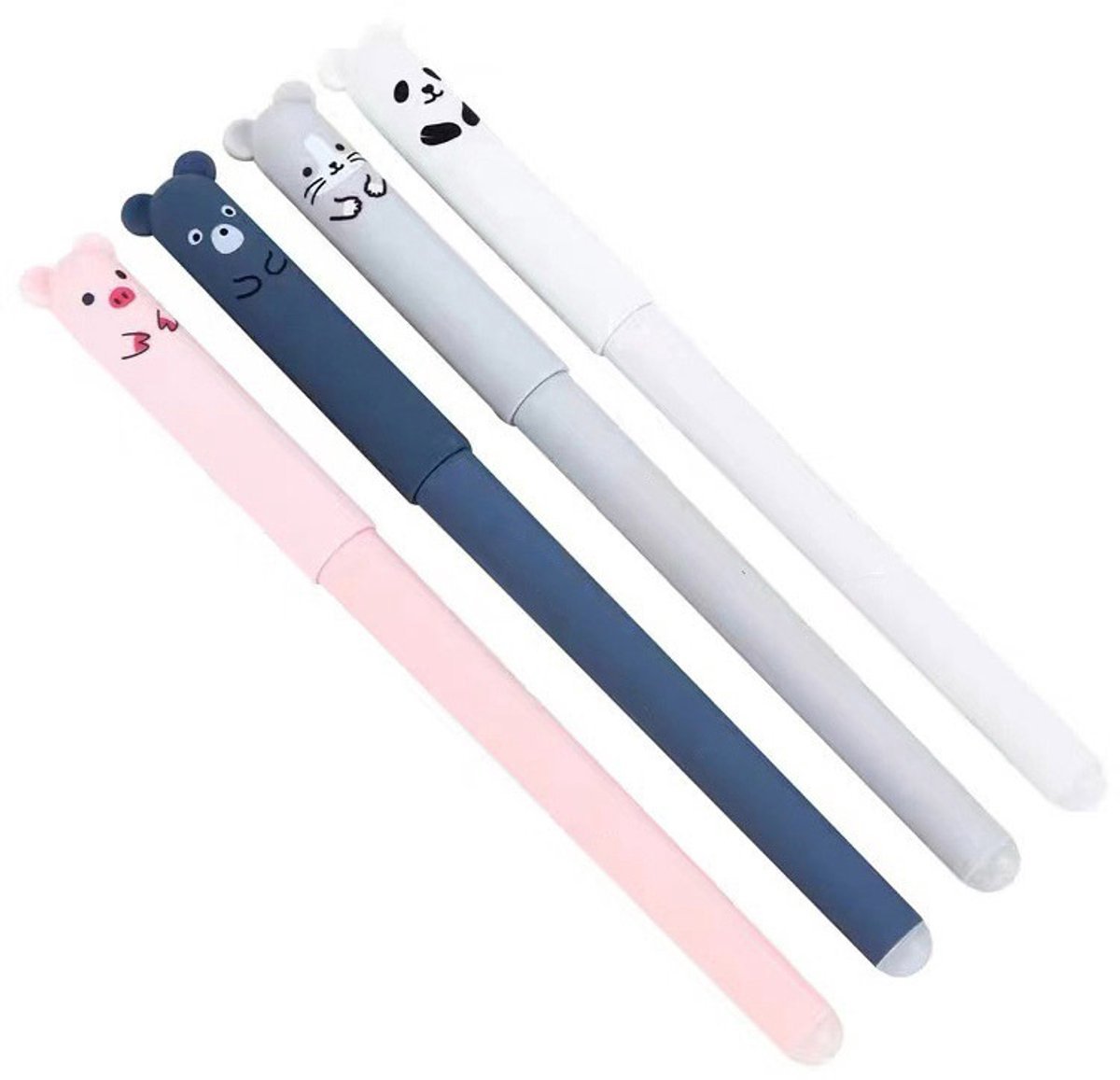 Jonyx - Uitgumbare pennen - Uitwisbaar - Schattige dieren - 4 stuks - Wit, grijs, roze en blauw