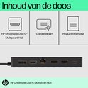 Inhoud van de doos: HP Universele USB-C Multipool Hub, garantiekaart en productinformatie.