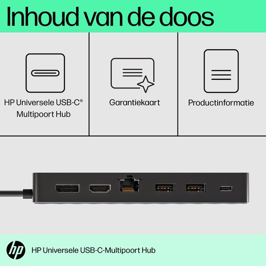 Inhoud van de doos: HP Universele USB-C Multipool Hub, garantiekaart en productinformatie.