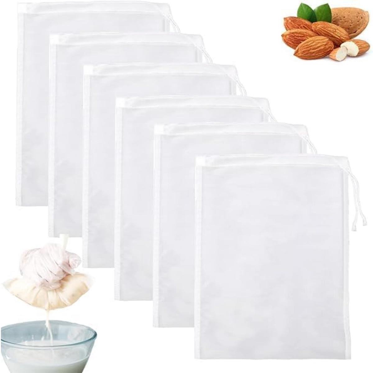 EXCITAT Groentemelkzakken - Herbruikbare voedselmousseline - Biologisch nylon - met trekkoord - Kaasdoek - Geschikt voor kaas, sap, koffie, groentesap, voedsel - 6 stuks - 20x30cm