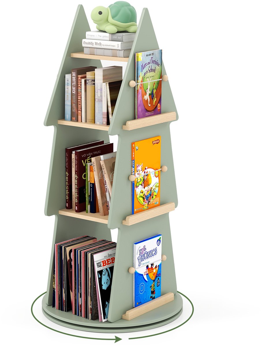 Costway Kinderboekenkast 360° draaibaar, kinderboekcarrousel 4 niveaus in boomvorm, Ø 48 x 102 cm vrijstaand displayrek, boekenopbergorganizer, groen, voor kinderkamer, speelkamer