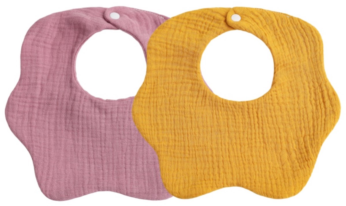 Image of 2 Stuks, Gaasslab Voor Kinderen, Driehoekige Sjaal, Katoenen Slabbetje, Slabbetje Met Effen Kleurknop Monddoek (Geel En Roze)