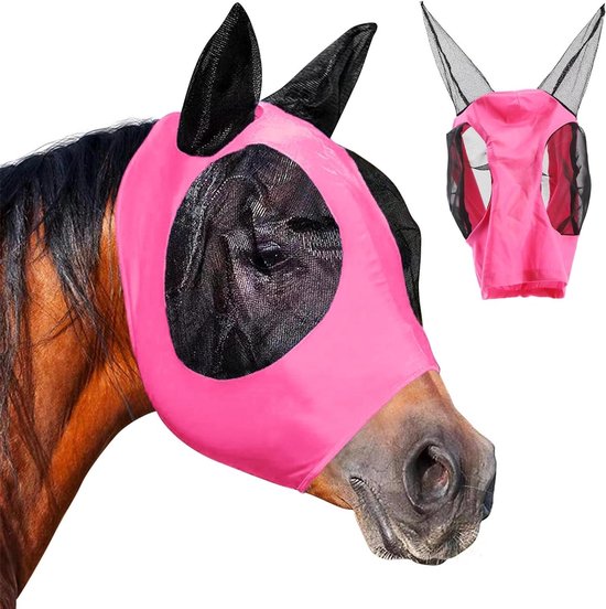 1 stuk anti-vliegend paardenmasker, paardenmasker met oorbescherming, ademend mesh, anti-uv, anti-muggen, insecten, elastisch remmasker (zwart