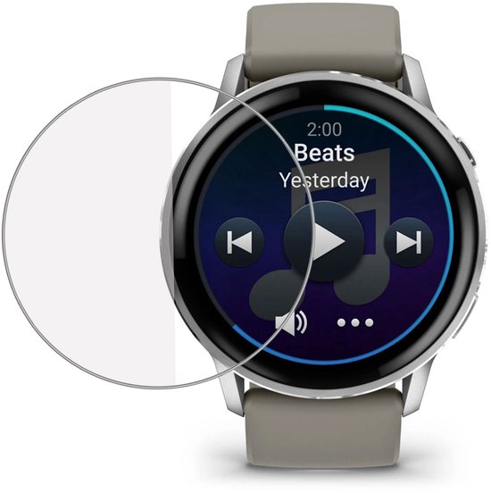 Montre intelligente argentée avec un lecteur de musique à l'écran, avec une protection d'écran transparente.