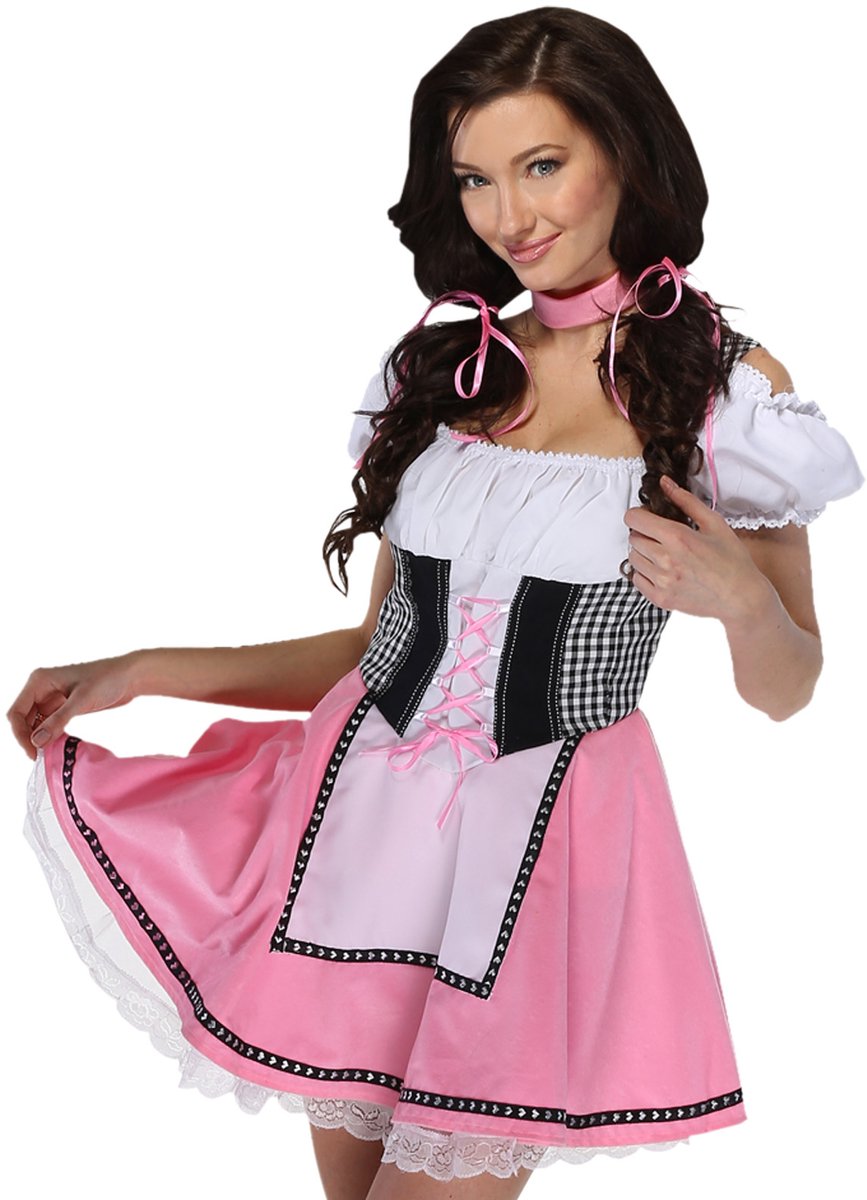 Tyroler Dirndl Lina - maat S - Luxe Oktoberfest jurkje roze - Dirndl met choker en onderrok met kant - maat S - Bavarian dress voor dames - Carnaval en themafeesten - Zebra & Friends Tyrolerjurkje