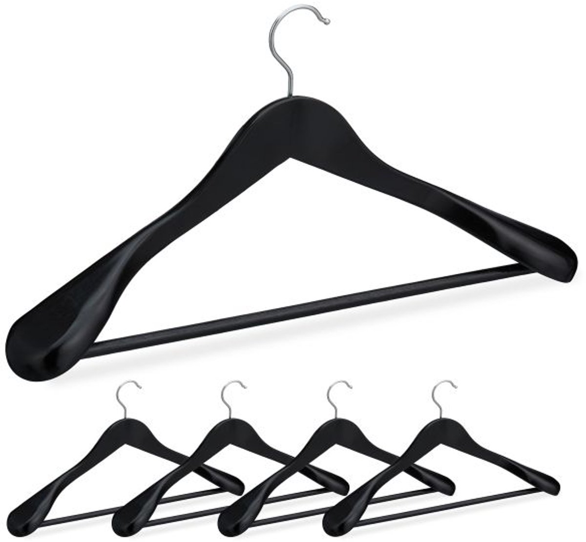 Doodadeals® Houten kledinghangers – Kleerhangers set van 5 – Brede schouders – Broeklat – Zwart – Luxe afwerking