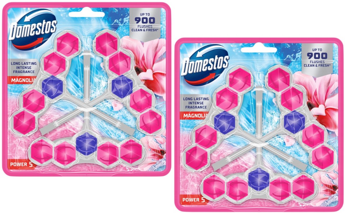 Domestos Power 5 Magnolia WC Blokjes - 2 Pack - 6 x 50g - Bestrijdt Kalkaanslag en zorgt voor Hygiene en Frisheid tot 900 Spoelingen - WC Blokjes Voordeelverpakking - Toilet Blokjes met Magnoliageur