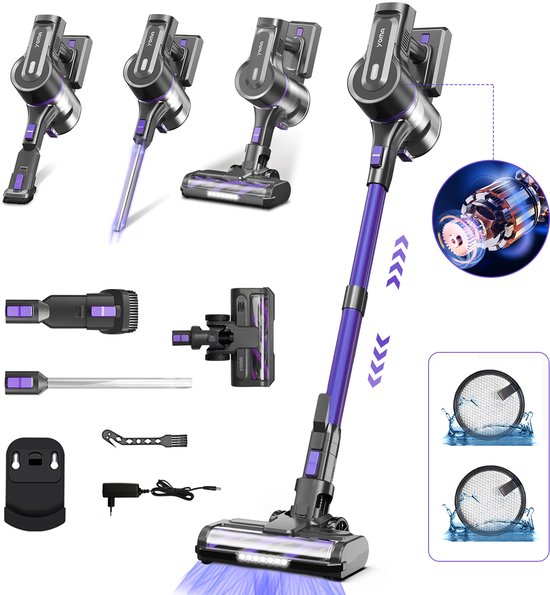 Grenintol 6-in-1 Steelstofzuiger Draadloos – Steelstofzuiger – 60.000 Pa–2500 mAh Accu – Draadloze Stofzuiger - Accu tot 60 Minuten – Stofzuiger Zonder Zak 1,2 L Stofbak – Stofzuiger Draadloos met LED Licht – Voor Tapijten en Harde Vloer – Paars