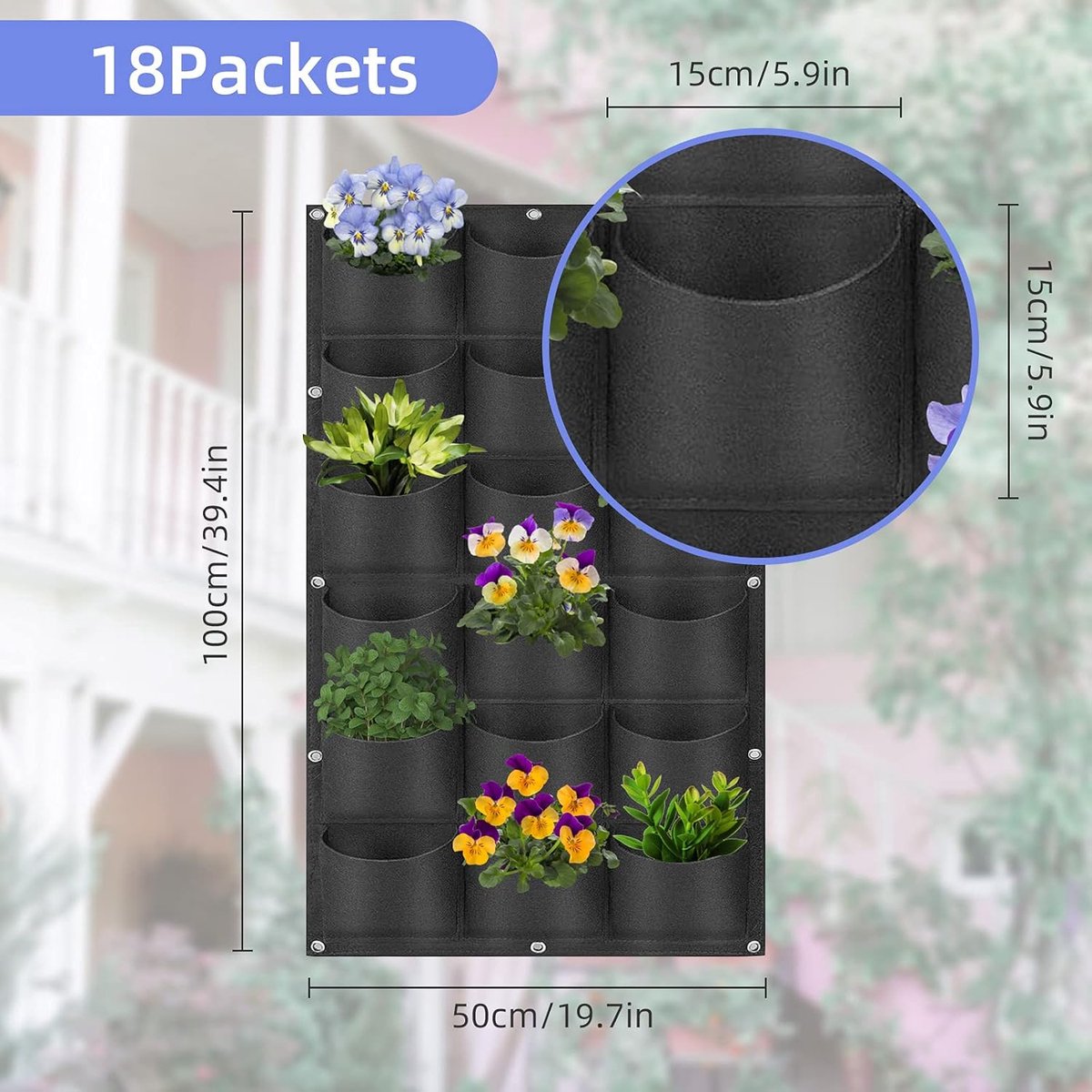 Verticale Tuin - 18 Vakken - plantentoren - verticale moestuin - verticale tuinen - Kweekzak - Kweekbak van Vilt - Plantenbak - Plantenzakken - Hangende Plantenzak - Verticaal Tuinieren - Duurzaam vilt - Waterdicht achterkant - 100x50CM - zwart – foto 2