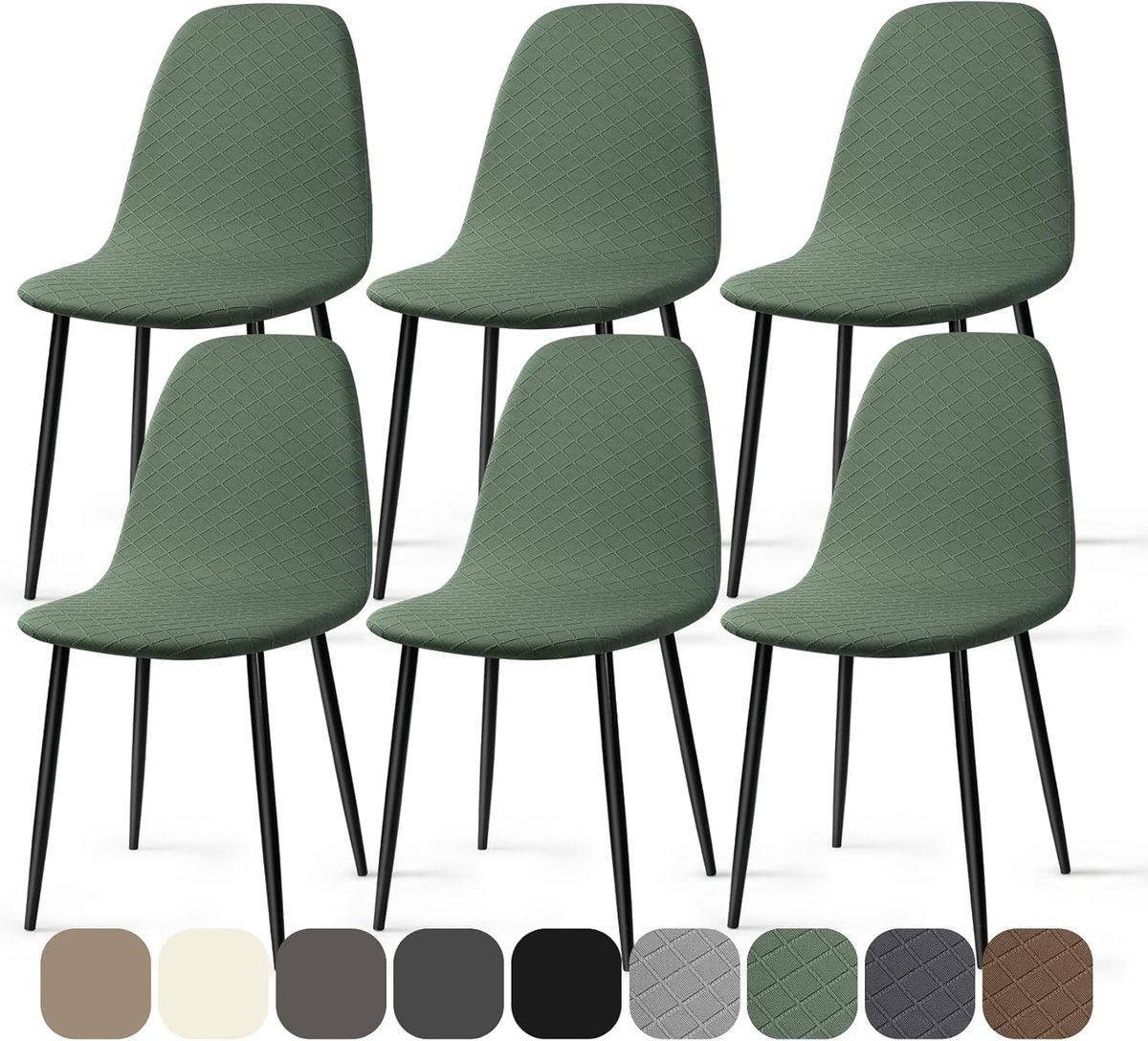 PromoHome 6 Stuks Stoelhoes Jacquard Elastische - Afneembare Wasbare Beschermhoes "Groen"