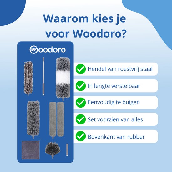 Woodoro Ragebol Uitschuifbaar Complete 9-Delige Set - Verstelbare Telescoopsteel - Plumeau - RVS - Zwart & Grijs