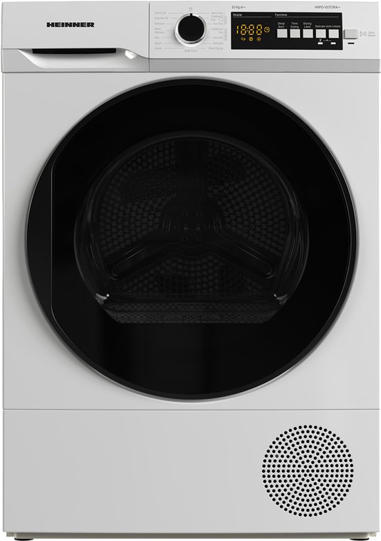 Sèche-linge pompe à chaleur Heinner – 10 kg – Classe énergétique A/E – 15 programmes de séchage – Affichage numérique – Fonction anti-froissage – Porte réversible – Sécurité enfant – Garantie 5 ans – Wit