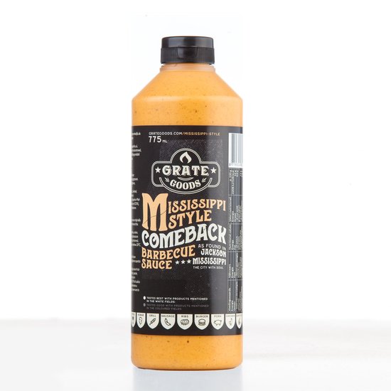 Fles Grate Goods Mississippi Style Comeback Barbecue Saus, 775ml, met een label dat "as found in Jackson, Mississippi. The City With Soul" vermeldt.
