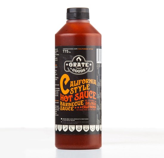 775 ml fles Grate Goods California Style Hot Sauce met een zwart label en oranje tekst.