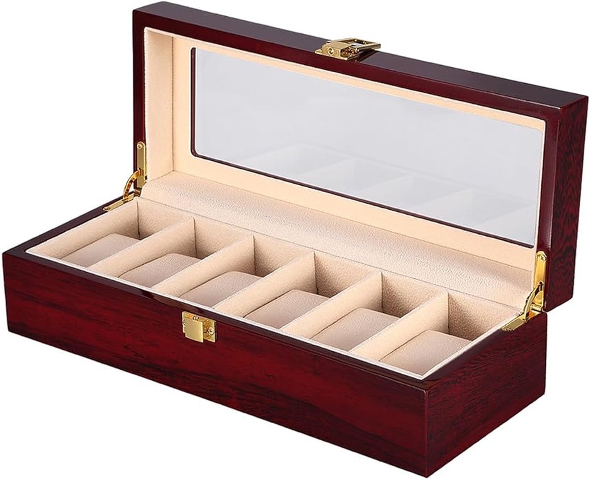 Horlogebandje, horloges, opbergdoos voor 6horloges van hout