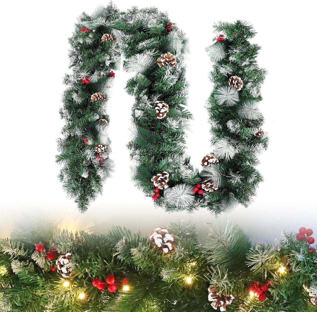 Aufun kerstguirlande – 8 meter – met verlichting – sneeuwwit – voor trap en decoratie – binnen en buiten