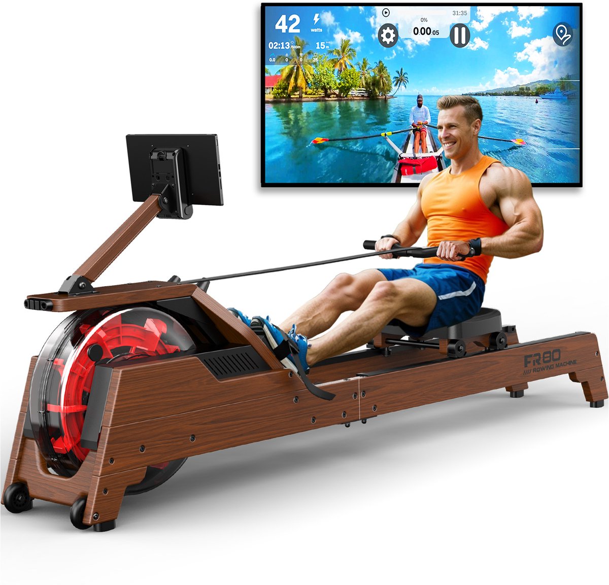 MettleMatic Roeitoestel voor thuis, van massief eiken, waterweerstand, 90° helling, watertank, bluetooth-monitor, 180kg draagver - MettleMatic - €449,99