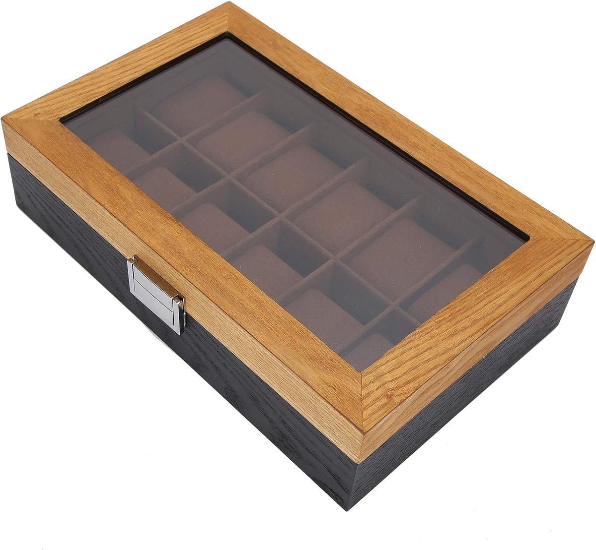 Horlogedoos van massief hout, 12 vakken, 2-kleurendisplay, opslag, verzameling, klassieke organizer, 31,5 x 19,8 x 8 cm, voor mannen en vrouwen, Defult., default, Klassiek