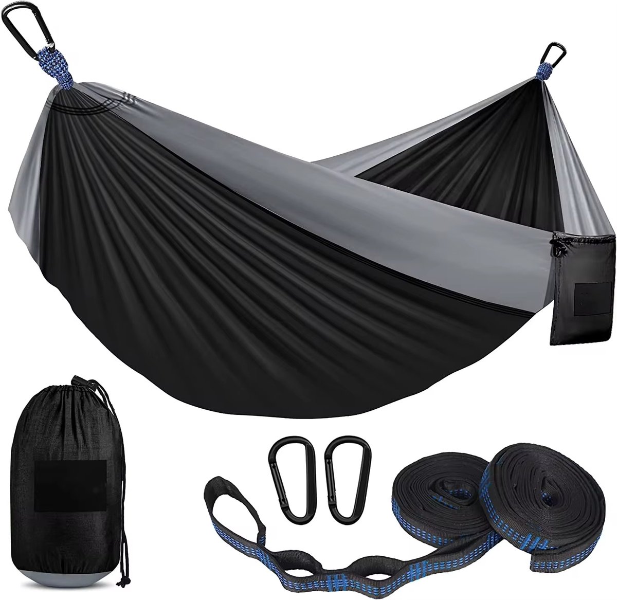 Mister GoGo Hangmat - incl. Karabijnhaken en Riemen - 260 x 140 cm - tot 200kg - Zwart/Grijs