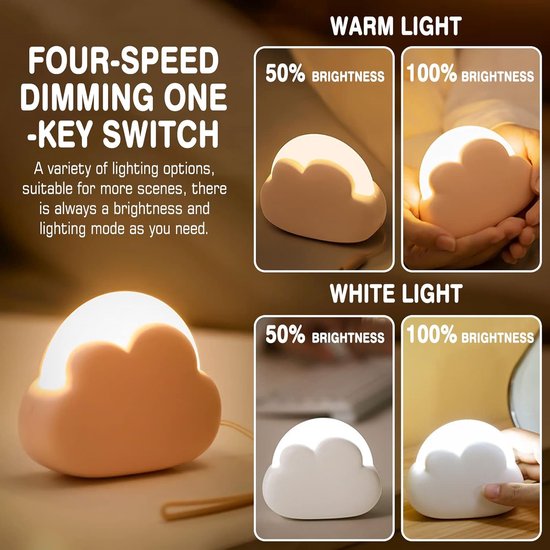 Nachtlampje voor kinderen, led, wolk, oplaadbaar, 4 intensiteiten, slaaphulp voor baby's en volwassenen, cadeau-idee voor dames, geboorte, meisjes, moeder, wit van Merkloos — afbeelding 2