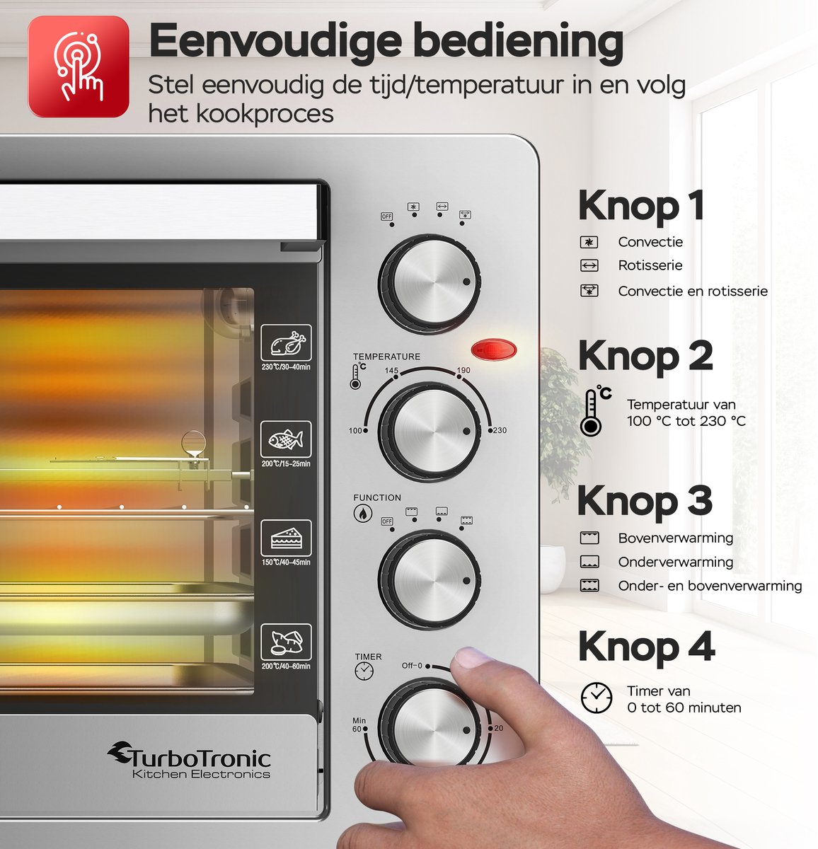 TurboTronic EVS38 - Vrijstaande oven 38L - Mini oven - Elektrische Oven - Zilver – foto 2