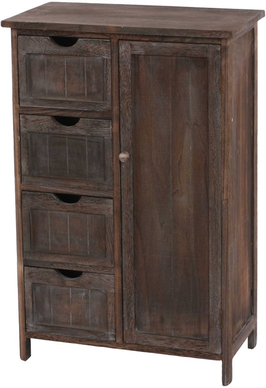 Bruine houten ladekast met 5 lades aan de linkerkant en een gesloten kastdeur aan de rechterkant. Shabby-look vintage.
