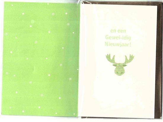 Groene wenskaart met witte sterretjes en een rendierhoofd met de tekst "en een Gewei-ldig Nieuwjaar!".