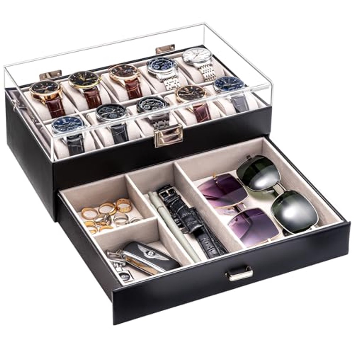Heren Horloge Box met 10 Compartimenten en Lade - Horloge Opbergdoos met Deksel - Zwart