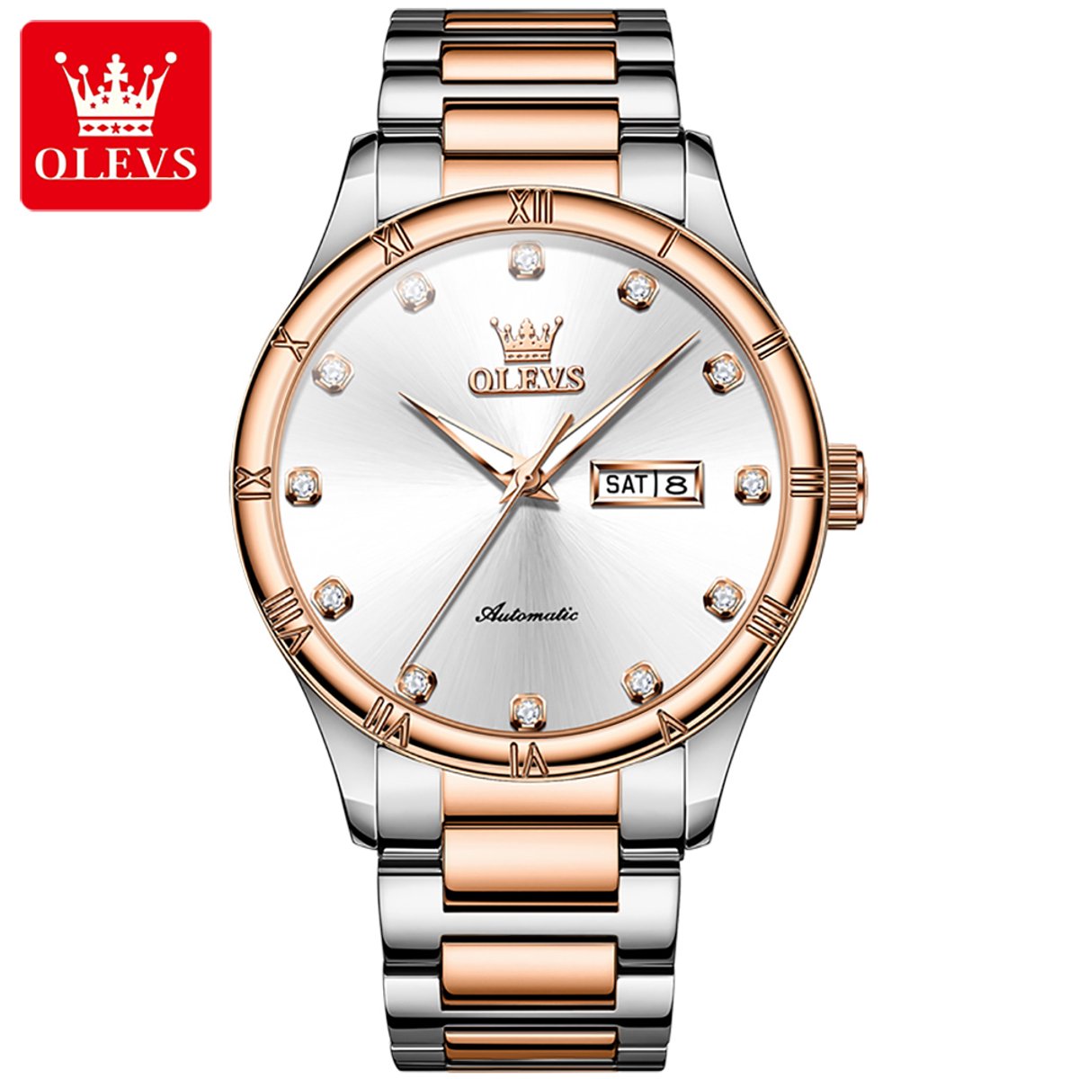 HO-7030.rsg : OLEVS mechanisch zilver-rosegoudkl edelstaal horloge, zilverwitte wijzerplaat, kalenderdag, dagnaam, diamantzirkonia