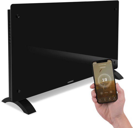 VONROC Luxe elektrische kachel - Convectorkachel met glazen paneel – 1250W/2500W- Verwarmt ruimtes tot 30m2 - Bediening zowel met app (via Wifi) als handmatig – Instelbare thermostaat en timer - Zwart