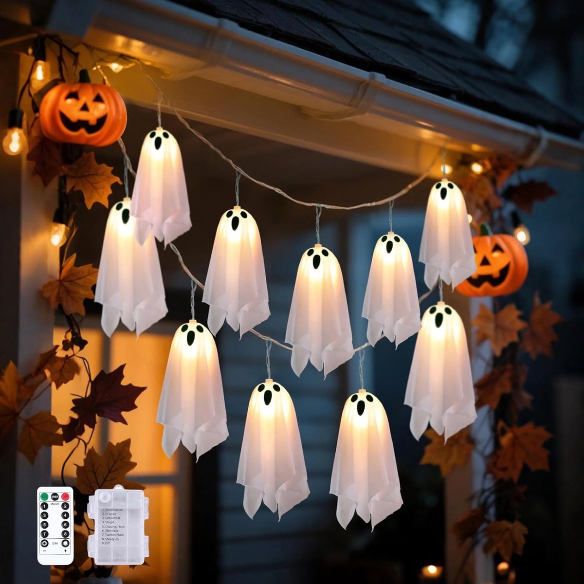 Daity 10 LED-batterijgevoede Halloween-spooklichtsnoer - 8 standen en timer - waterdichte binnen- en buitendecoratie voor feesten - veranda's - ramen en spookhuizen
