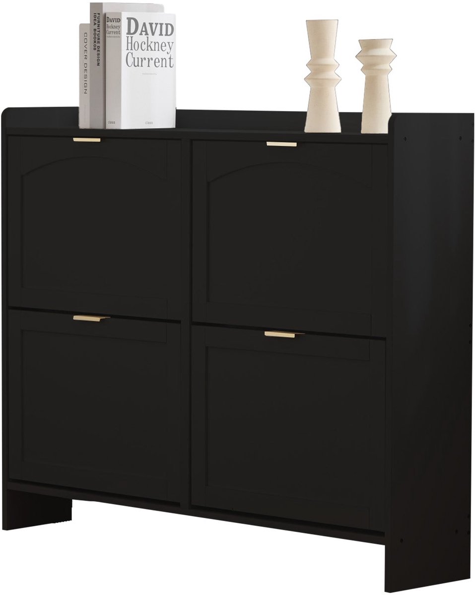 Merax Zwarte Schoenenkast met 4 Klepvakken - Vrijstaande Schoenen Kast met Open Opbergvakken - Moderne Kast - 110 x 24 x 90 cm - Inclusief Antikantel Beveiliging