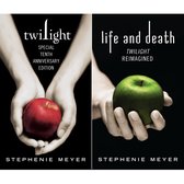 Twee boeken van Stephenie Meyer: 'Twilight Special Tenth Anniversary Edition' met rode appel en 'Life and Death Twilight Reimagined' met groene appel.